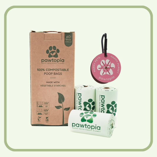 Pawtopia Compostable Dog Poop Bags (60 Bags + Pink Poop Bag Carrier)