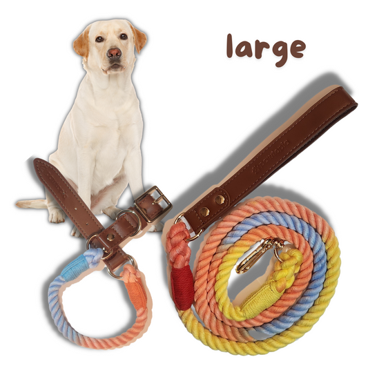5 FT Dog Leash & Collar Set for Large Dogs, Cotton Braided Rope with Vegan Leather Handle (Brown, Large)