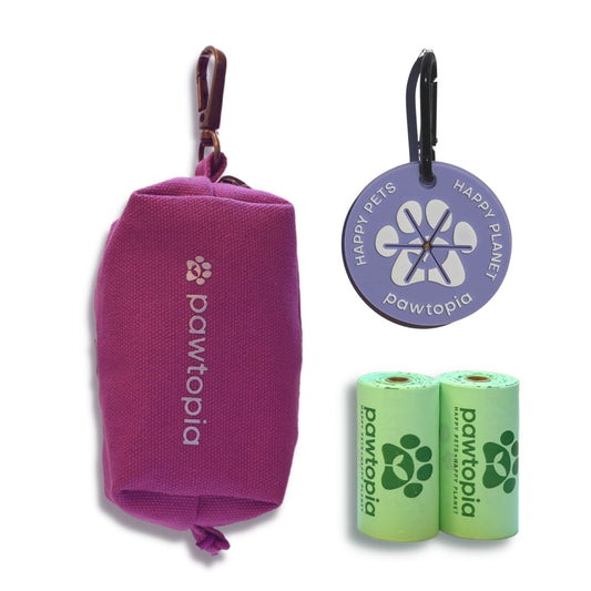 Fabric Dog Poop Bag Dispenser Pouch (Lavender) with Poop Bag Carrier (Lavender) and 2 Rolls