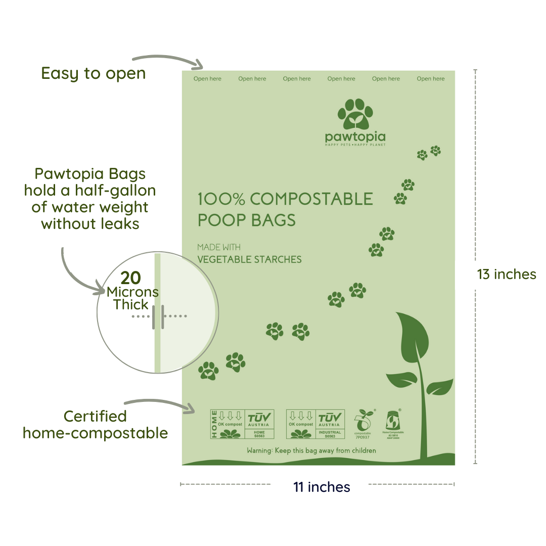 Pawtopia Certified Home Compostable Pet Waste Bags (Standard size, 200 Bags, Single Roll)
